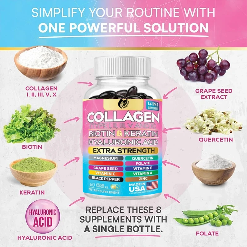 Collageenpeptide Supplement met Microgram Biotine Hyaluronzuur Zink Druivenpitten Quercetin Vitamine een Magnesium Folizuur