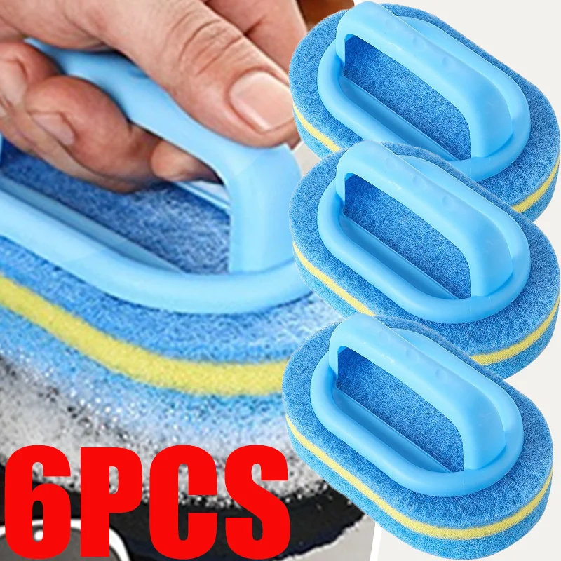 

6/3/1Pcs Household Cleaning Brush with Handle Sponge High-Density Thick Scouring Pad Kitchen Bathroom Toilet Wall Clean Brush
