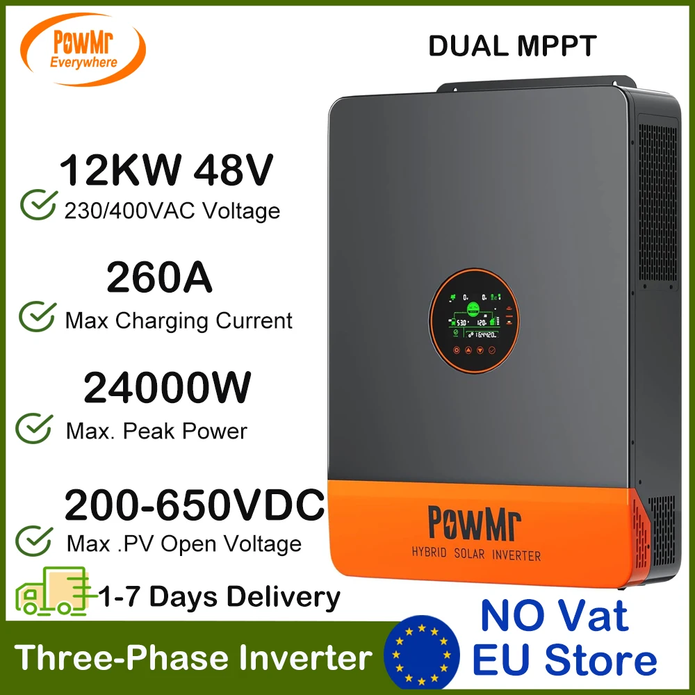 Powmr 12kw Driefasige Hybride Zonne-Energie Omvormer 48V Dc 230/400V Ac Gebouwd 260a Dual Mppt Solar Lading Max Pv 800vdc Geschikt Voor Lithium