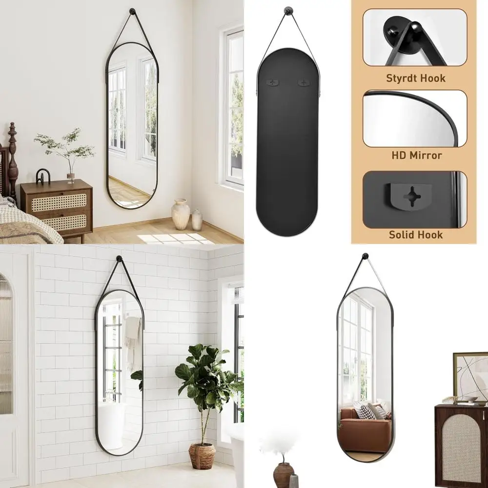 

Wall-Mounted Oval Door Mirror, 48x16 Full-Length, Leather Strap & Aluminum Frame, Suitable for Bathroom, Living Room, Entryway -