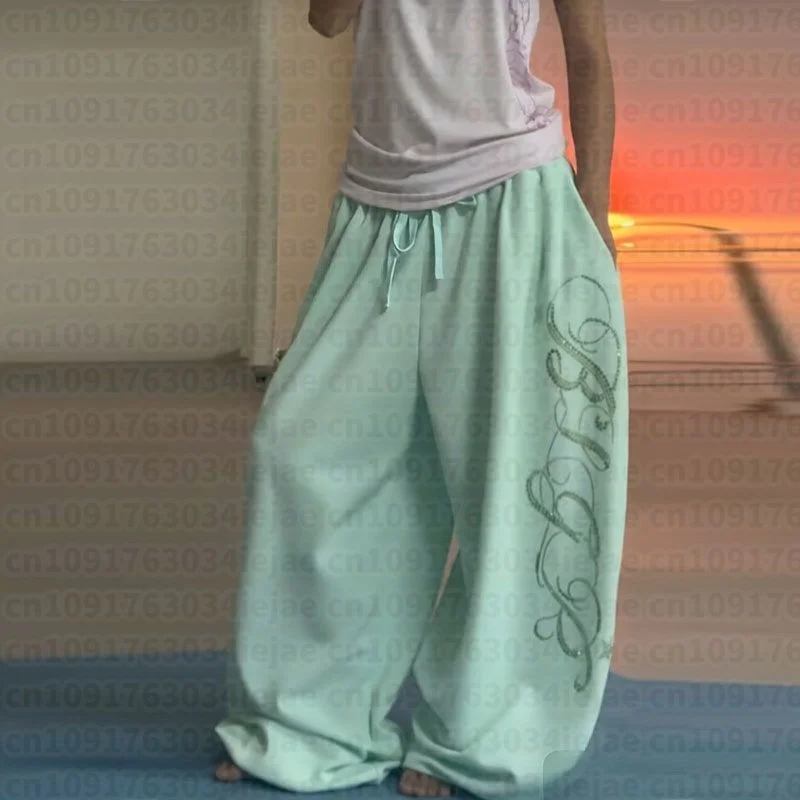 Hip-Hop Y2K Weite Jogginghose mit Strass-Spiral-Buchstabendruck, elastischem Bund, lockerer Passform, Damen, Rosa, Mintgrün, lässige Street-Hose – Detail 5