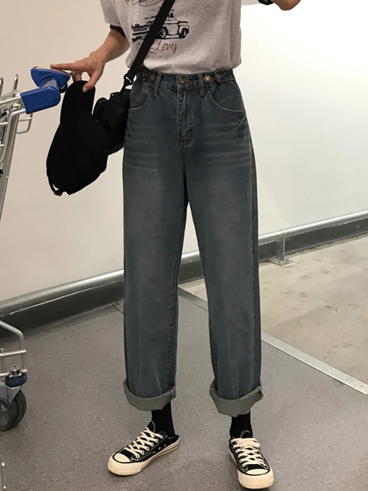 Calça jeans feminina de cintura alta, calça coreana de perna larga pequena, malha vermelha, solta, pai Hyunya, verão, novo, 2023