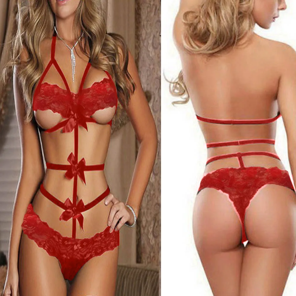 

New Fashion Women'S Red Bow Tie Bodysuit Womens Sexy Lingerie Babydoll Lace Bow Dress Nightwear G-String Sleepwear Ropa Interior