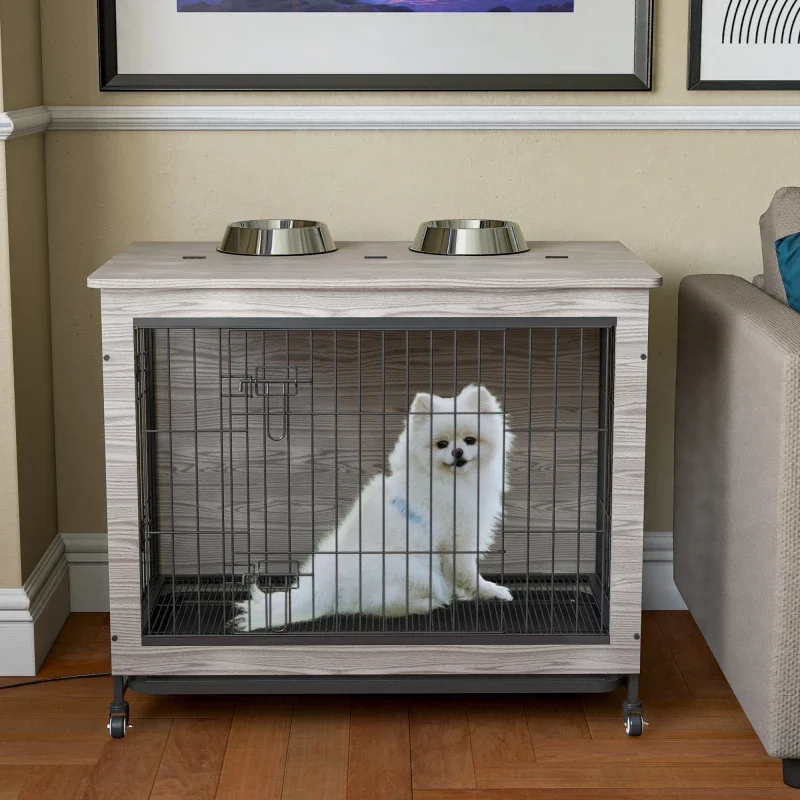 Dog Crate Furniture with Cushion, Wooden Dog Crate Table, Dog Kennel Indoor for Small Dog, Dog House