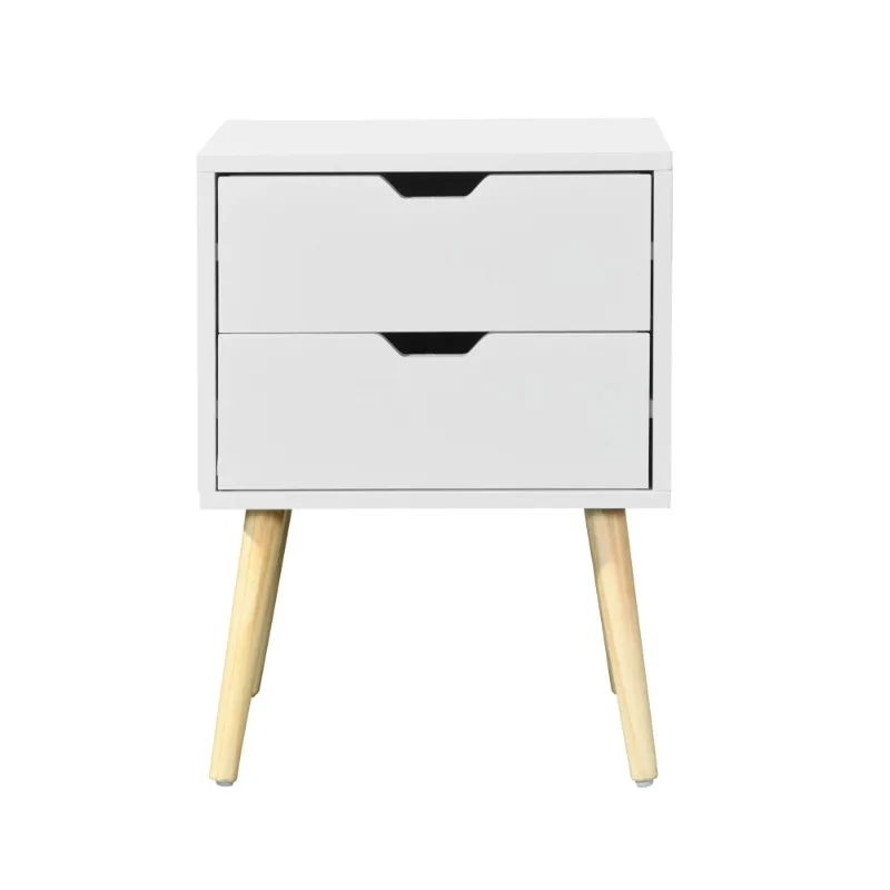 Side Table with 2 Drawer and Rubber Wood Legs; Mid-Century Modern Storage Cabinet for Bedroom Living Room Furniture; White