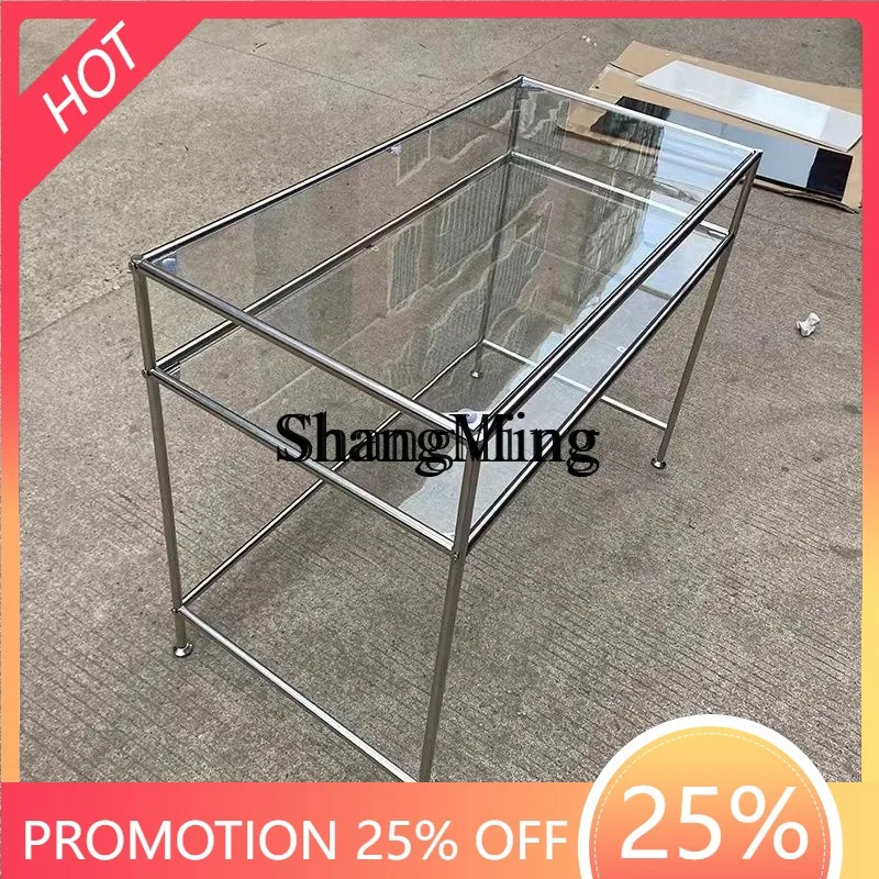 

FG Glass Desk Light Luxury Stainless Steel Computer Desk Modern Minimalist Writing Desk Metal Nail Art Dressing Table