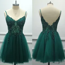 Tulle Sequin Beaded Homecoming Dresses Dark Green Crystal Spaghetti Straps Lace Party Prom Cocktail Graduation Vestido De Gala