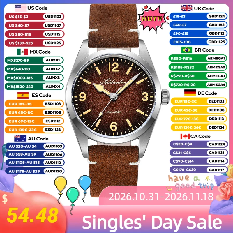 Suede Strap Watch - ADDIESDIVE Japan 2035 Super Lichtgevende Lederen