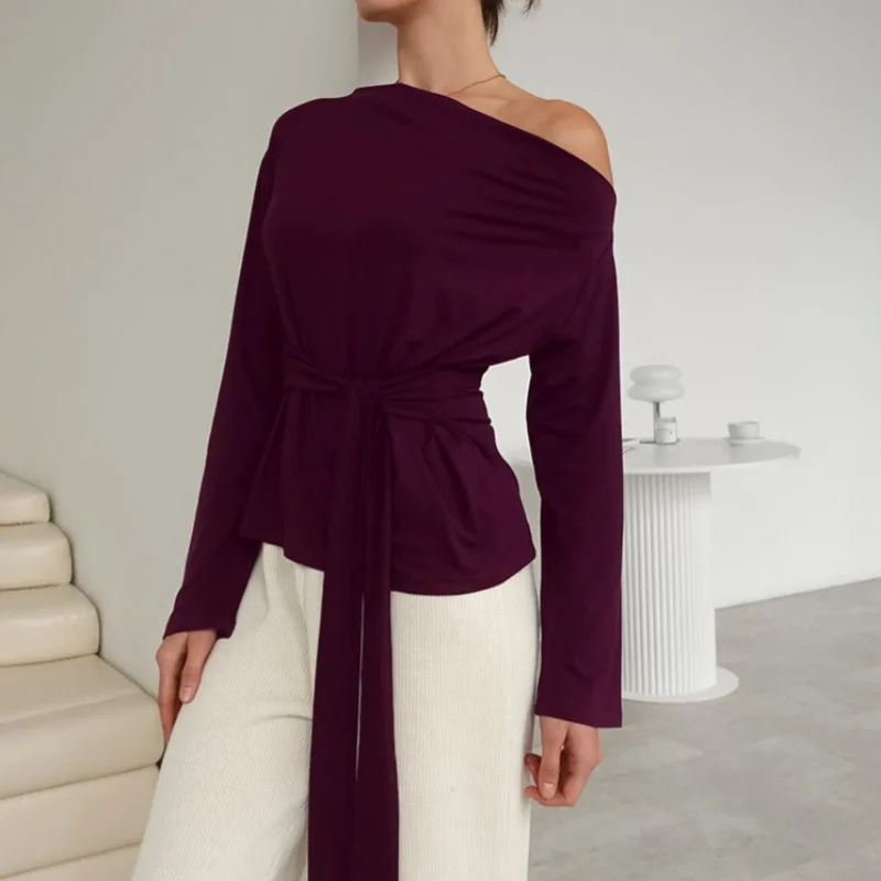 Elegant Long Sleeve T-Shirt Women's Side Shoulder Waist Cinched Commute Top New Arrival Autumn Fashionable Business Casual