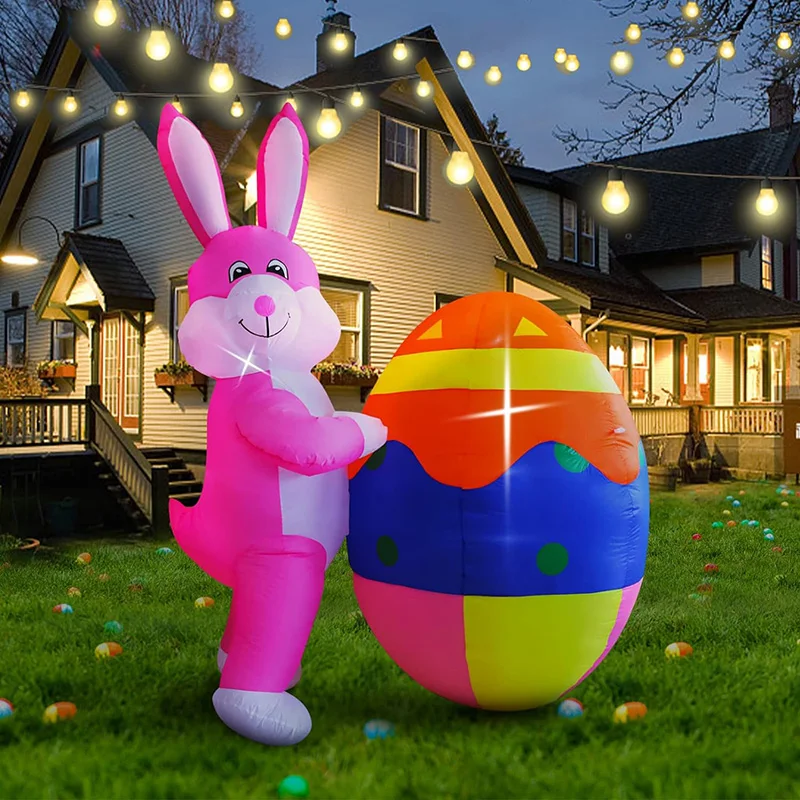 6FT Tall Easter Party Inflatables Outdoor Bunny Colorful Easter Eggs Blow Up Yard Decooration Cleanrance with LED Lights Toys