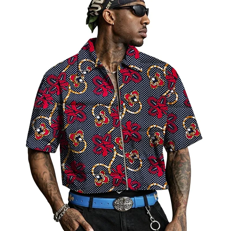 Half Sleeve Men's Summer Shirts African Print Couture Vintage Style Zipper Placket Lapel Tops Designer Handmade For Party