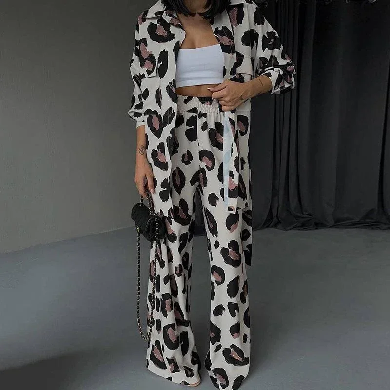 

Spring New Women's Set Lapel Casual Fashion Print Design Sense Long Sleeve Shirt Wide Leg Pants Women Two Piece Set 2025 Autumn