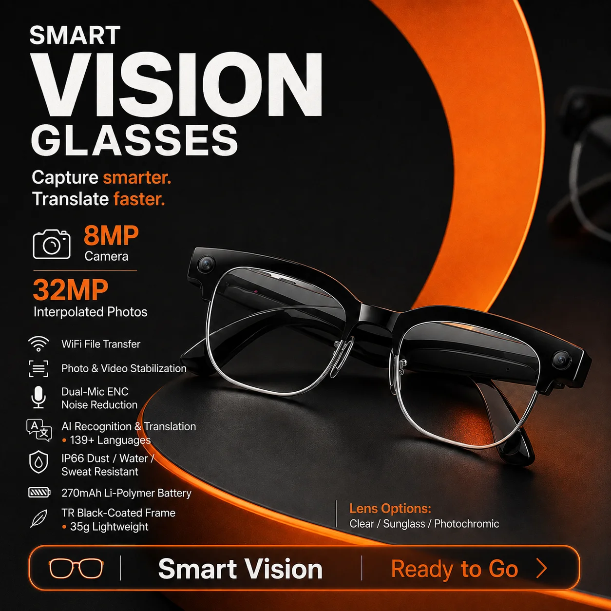 4K Ultra-Wide HD Camera Glasses 8MP HD Camera 4GB Memory Wi-Fi Image Transfer AI Real-Time Translation Waterproof Smart Glasses