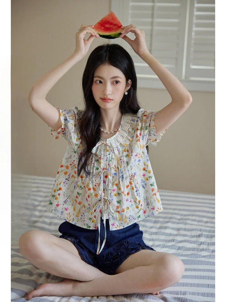 

Retro Floral Print irt Women's Double Layer Collar Lace Trim Knot Tie Bubble Sve Thin Cotton ort Sve Blouse