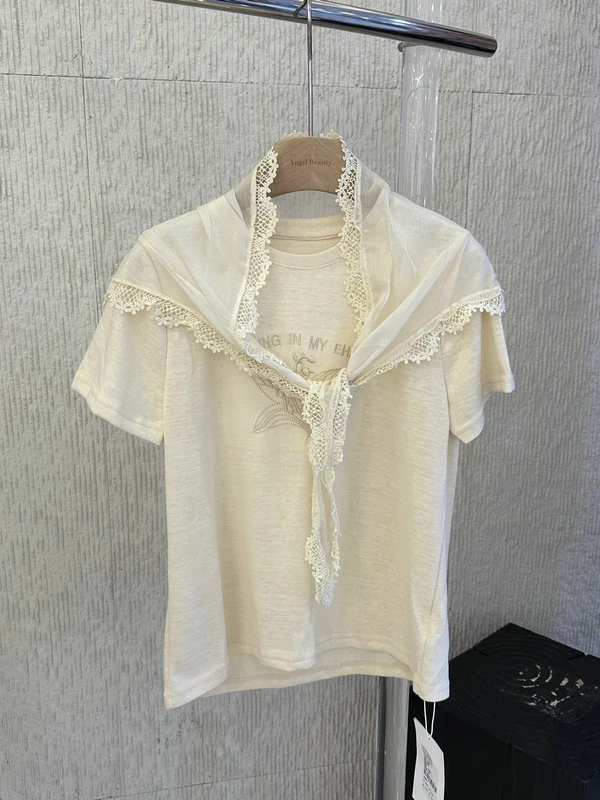 

Elegant Floral Letter Embroidery Short Sleeve Women's Shirt Lace Trim Net Shoulder Wrap Spring Summer Breathable Comfortable