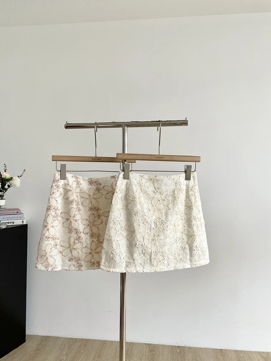 Women's Summer Autumn Sweet Floral A Line Mini Skirt Lady Streetwear High Waist Embroidered Flower Short Skirt