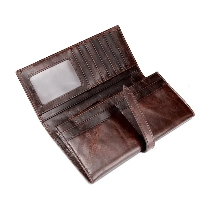 100% First Layer Long Wallet Men Leisure Business Vintage Oil Wax Genuine Leather Wallets Pocket Many Card Slot Purse Cowhide