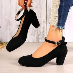 Women's Fashion Pumps Sweet Woman Thick High Heels Ankle Strap Flock Female Platform Mary Jane Women OL Shoes Ladies Footwear