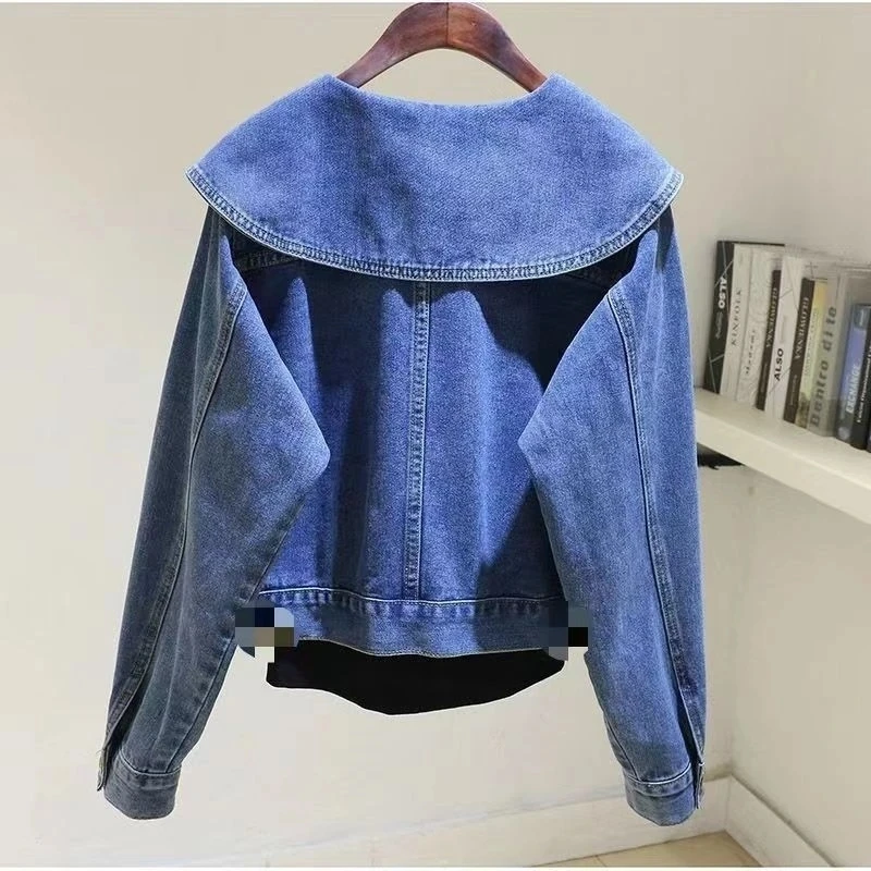 Women Large Peter Pan Collar Denim Jacket Loose Fit Jean Coat Spring Autumn Casual Pocket Denim Outerwear Ladies Streetwear