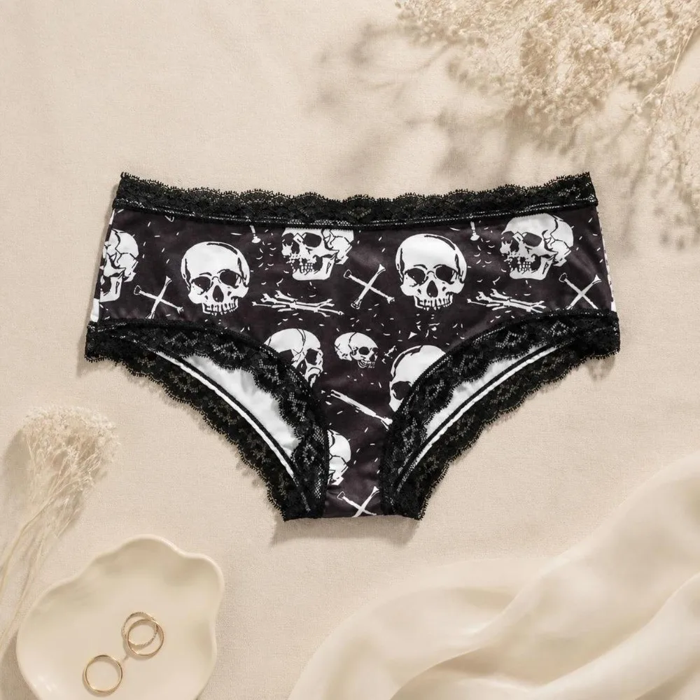 Mid Waist Women's Panties Halloween Skull Gothic Style Skeleton Briefs Flower Butterfly Lingerie Lace Triangle Underwear