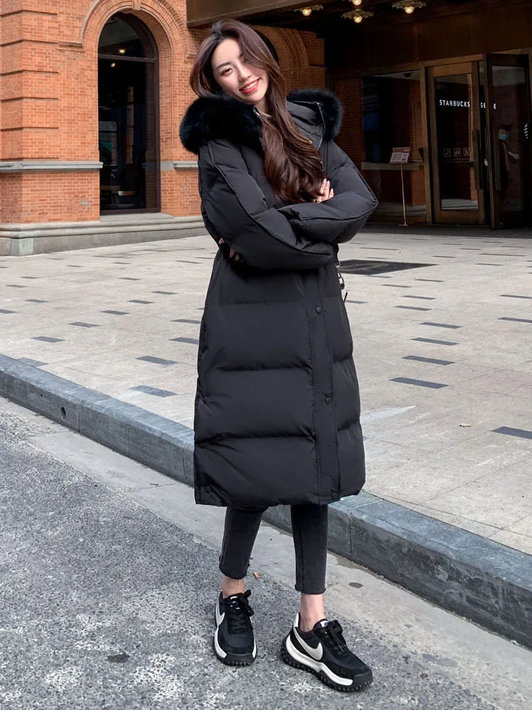 Winter Women Long Puffer Jacket 90% White Duck Down Coat Large Natural Fox Fur Hooded Female Feather Parkas