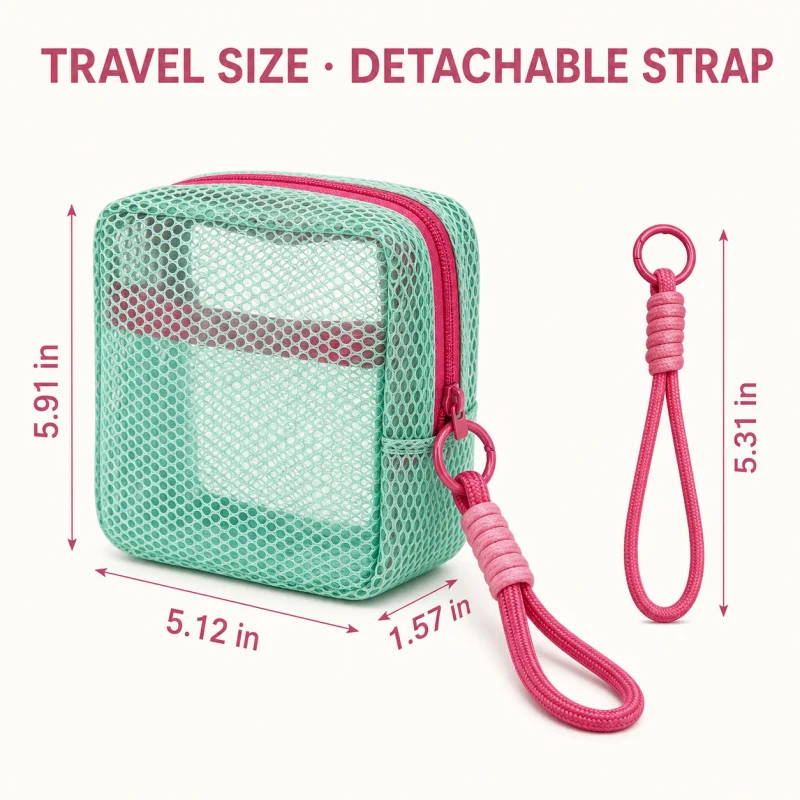 Small Mesh Beach Pouch Clear Cosmetic Bag with Detachable Wrist Strap Travel Organizer for Sunscreen Keys Cables image 5