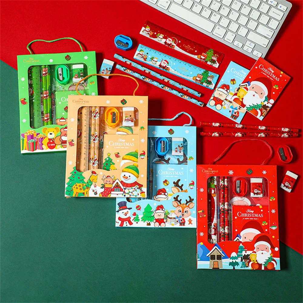 Conjunto de Papelaria de Natal Peças – Lápis Cartoon para Crianças Borracha Régua Blocos de Notas Faca para Lápis – Material Escolar Presente de Volta às Aulas
