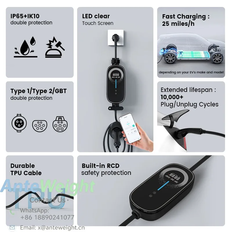 Portable EV Charger 3.5KW 7KW 32A Smart Home Electric Car Charging Station Fast Charging Cable for Type 1 Type 2 NACS EV