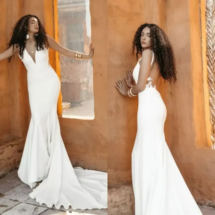 Moda sirena abito da sposa profondo scollo a v applique pizzo raso sexy backless wrap hip sweep train elegante abito da sposa 2024