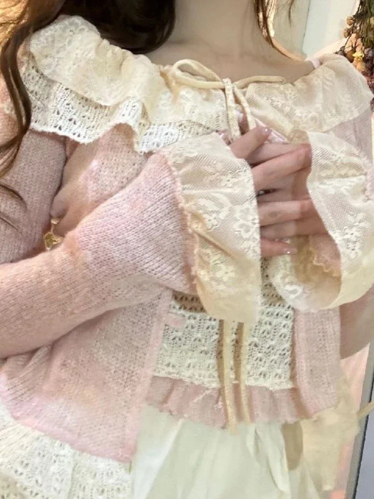 Cardigan japonais en dentelle Kawaii pour femmes, chemisier doux, manches longues, vêtements de style coréen, rose, élégant, Lolita, mignon, été, 2023