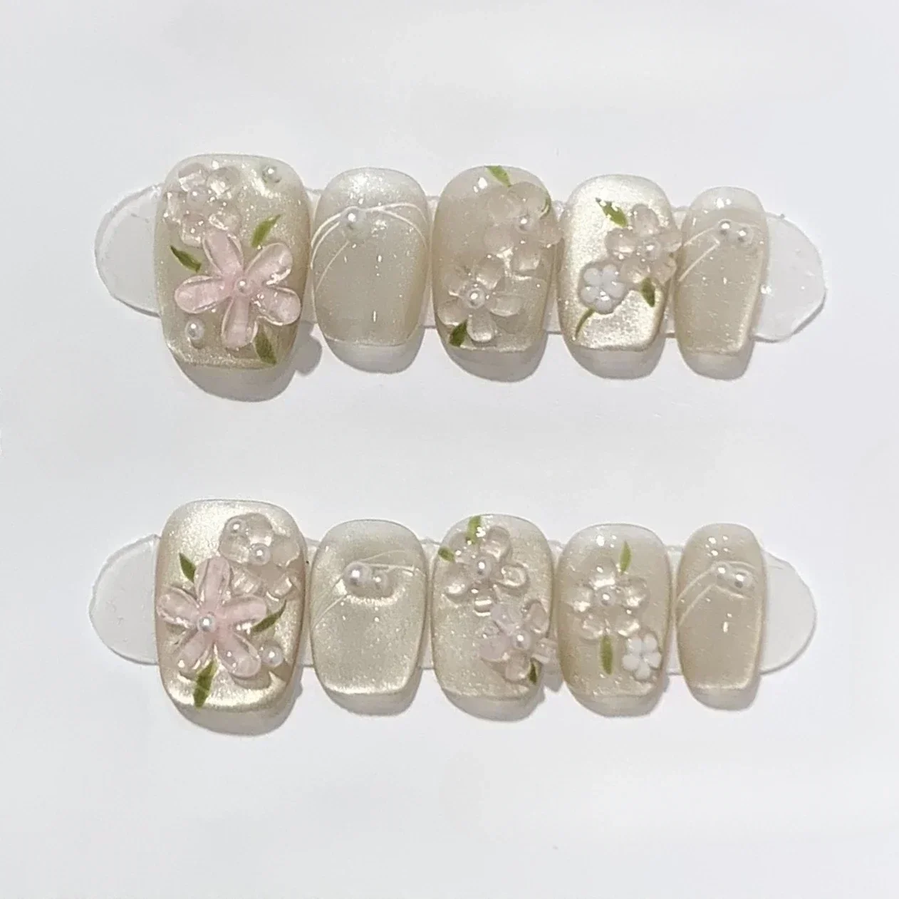 

10Pcs Short Square Handmade Press On Nails Full Cover Flower Cat Eye Small Fresh Ballet False Nails Wearable Manicure 2030