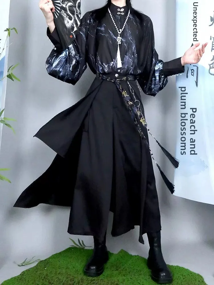 

New Chinese Sle Wide Leg Pants Men's ex High-End Tissue Brocade Sa Metal Belt Skirt Pants Casual Eighteen-Length