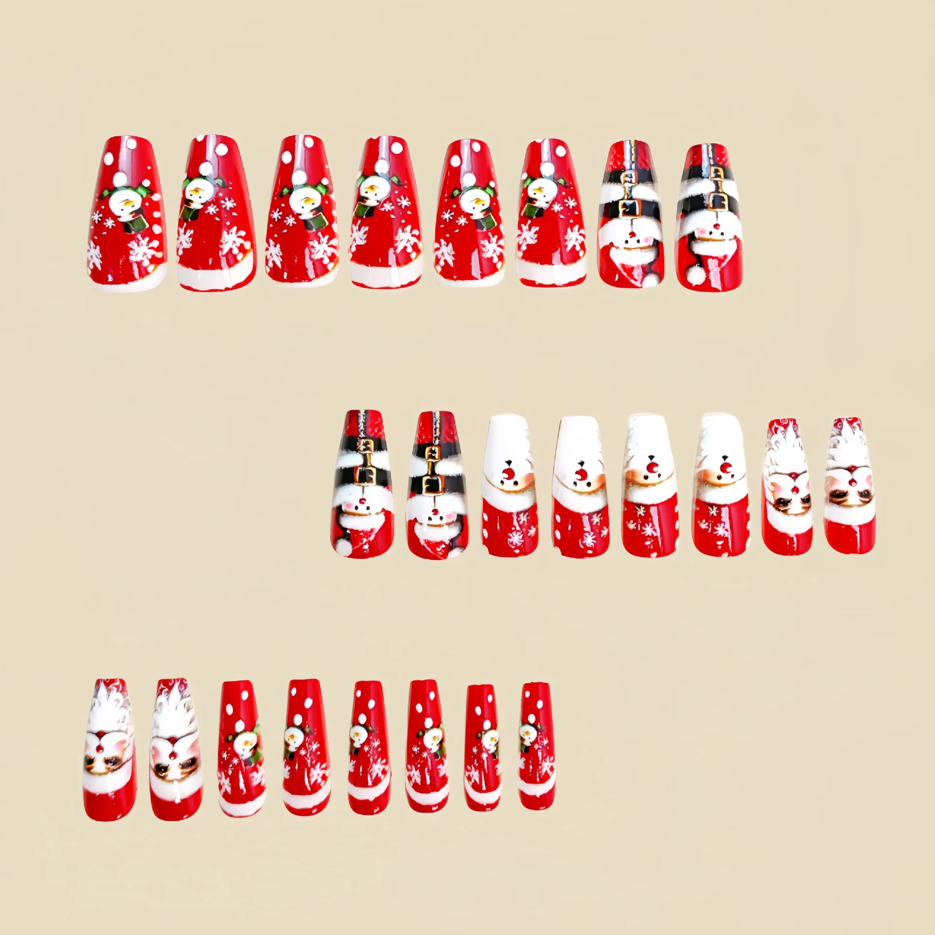 Merry Christmas Press on Nails Santa Claus Cute Snowman Elk Santa Claus Print Fake Nail Tips Wearable Long Coffin False Nails