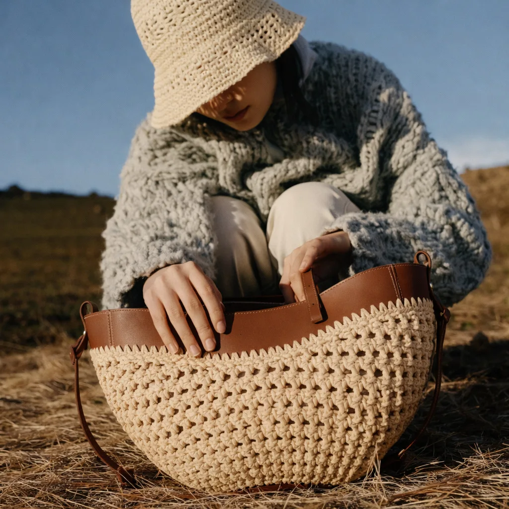 

Новая плетеная сумка-тоут из соломки ручной работы 2026 года, женская сумка-корзина на плечо с завязками в отпускном стиле 2/2