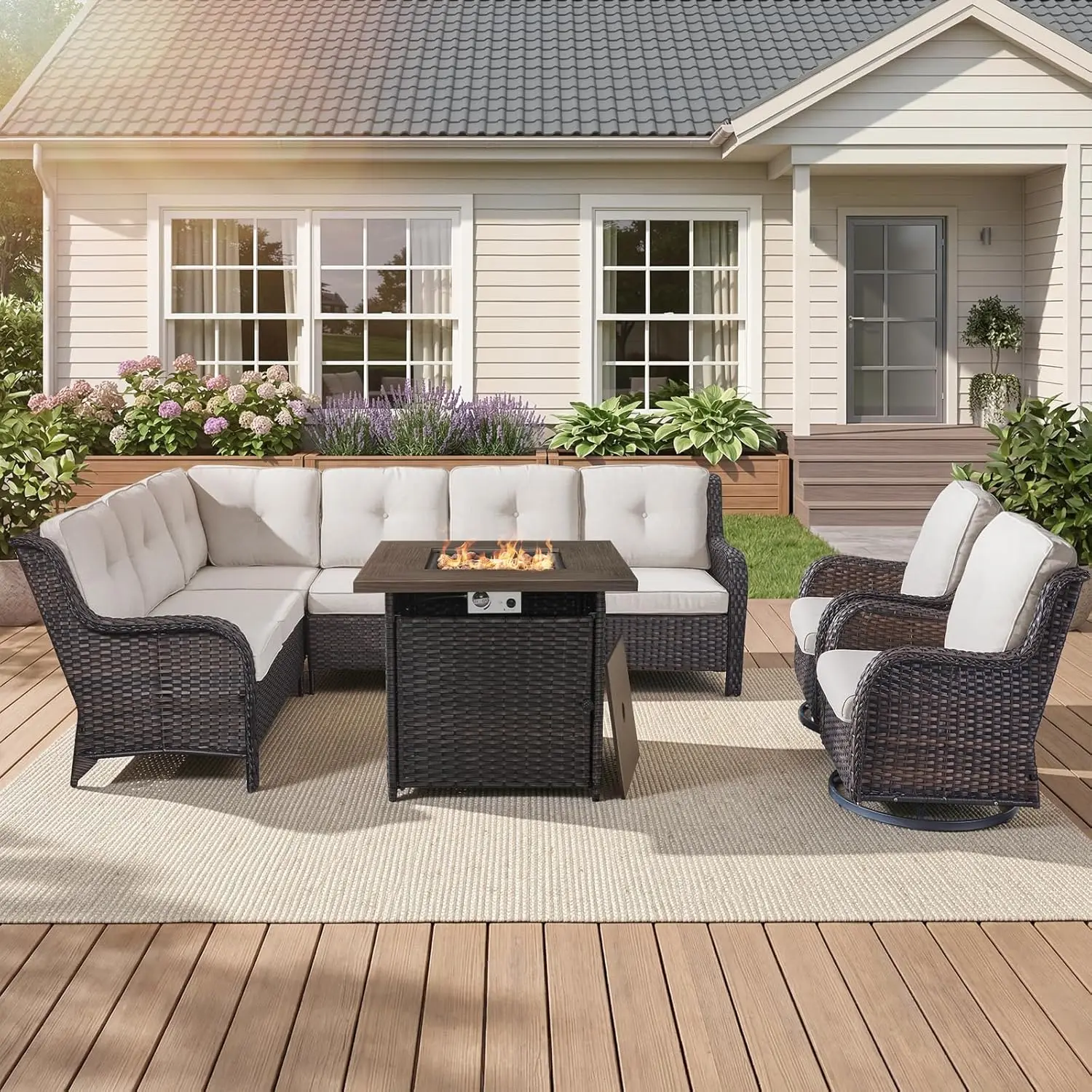 

Patio Sectional Sofa Set w/ Fire Pit Table Swivel Chairs 3-Seater Coffee Table Porch Deck Brown Beige, Customized