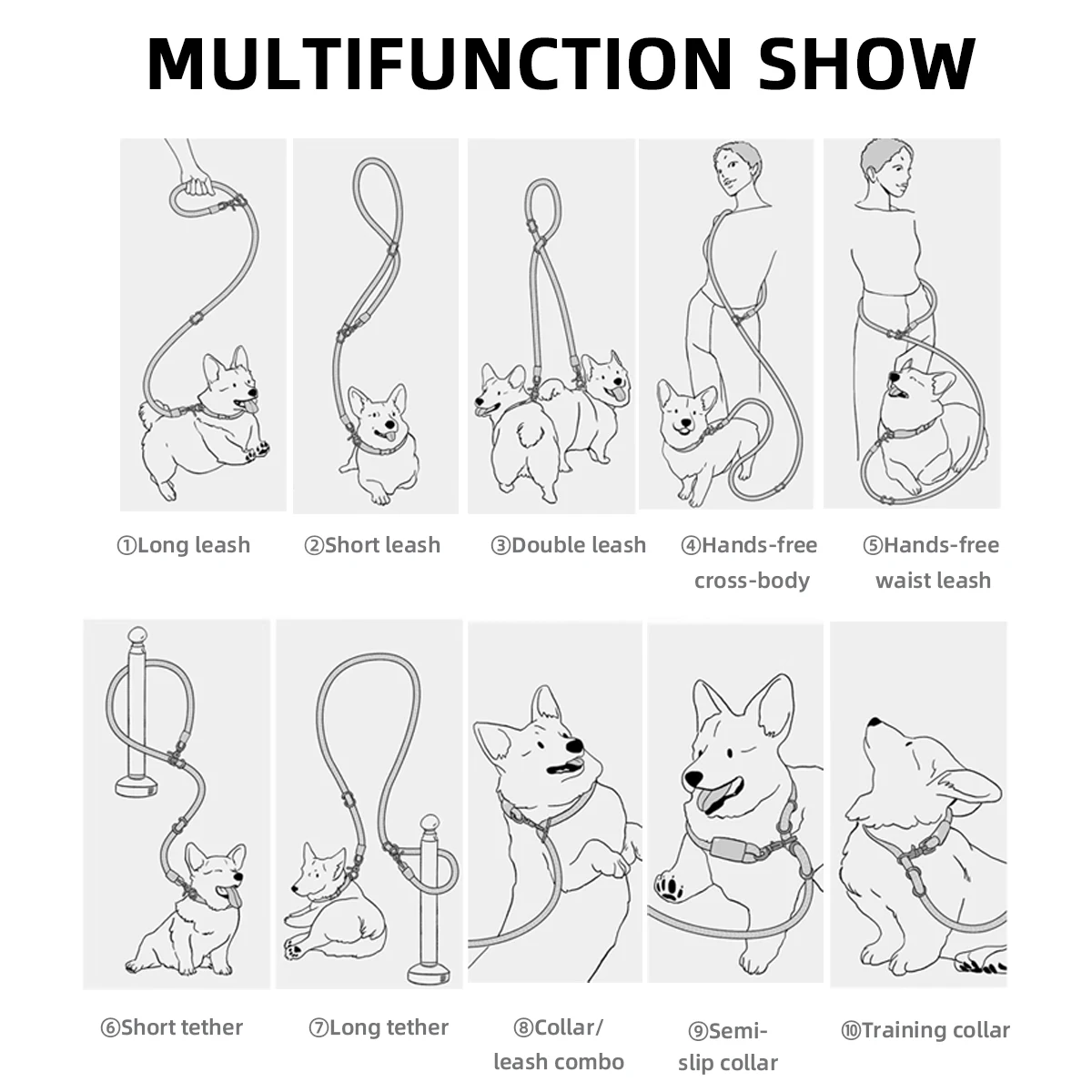أبازيم مزدوجة مضفرة المقاود للكلاب بلون متعدد الوظائف المنسوجة يدويا المقود المشي في الهواء الطلق مع الكلاب المتوسطة والكبيرة