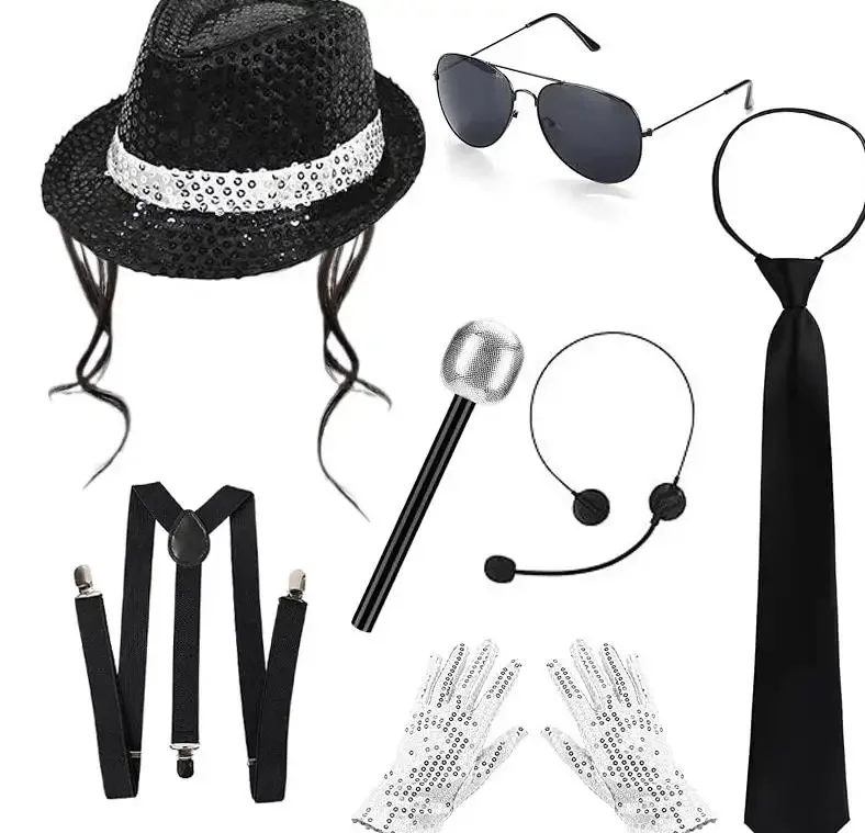 70 80s Superstars Michael Jackson Cosplay Prop MJ Hat with Wig Glove Glasses Set Fans Performance Costume Birthday Dance Gifts view 6