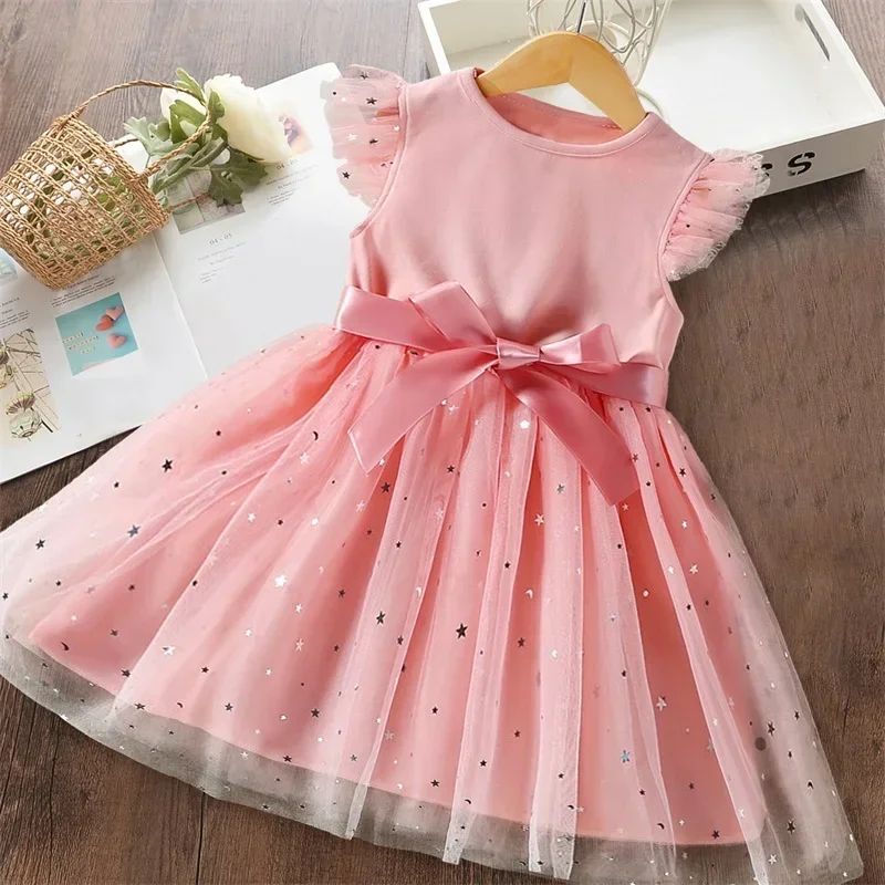 Sweet Girls Summer Flying Sleeve Bow Sequin Dress 2-6Y Kids Birthday Party Sequins Mesh Tutu Princess Dress for Cute Baby Girl