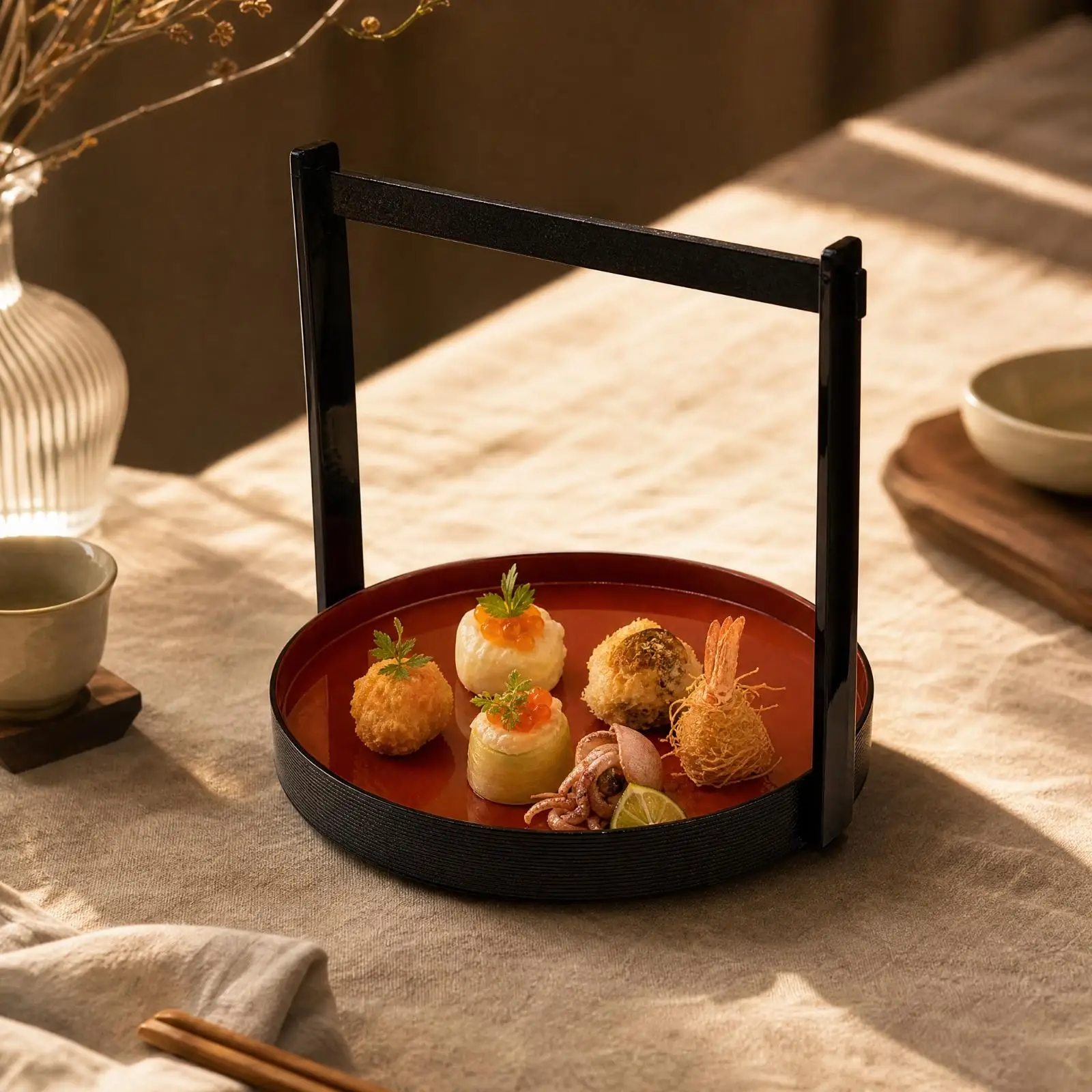 Japanese Frying Basket Round Decorative Serving Tray with Carry Handle for Restaurant Buffet Household Entertainment