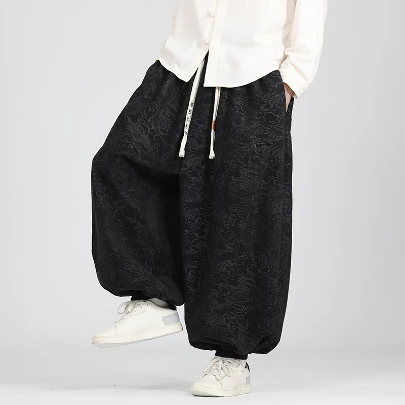 2026 Men Chinese Style Retro Pants Spring Man Jacquard Casual Black Trousers Male Loose-Fitting Comfortable Harem Pants