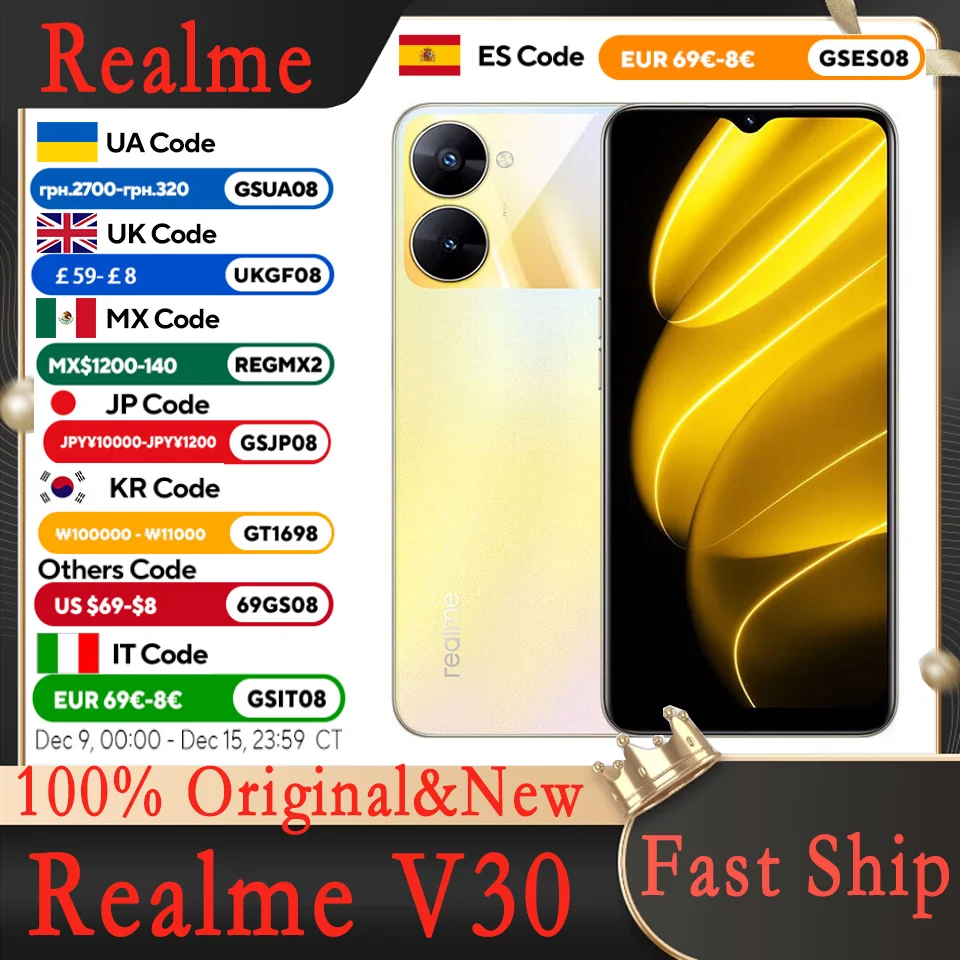 Original Realme V30 UI 3.0 Mobile Phone, 6.5 Inches, Google Play WiFi GPS Fingerprint Smartphone 6GB 128GB 5000mAh Battery