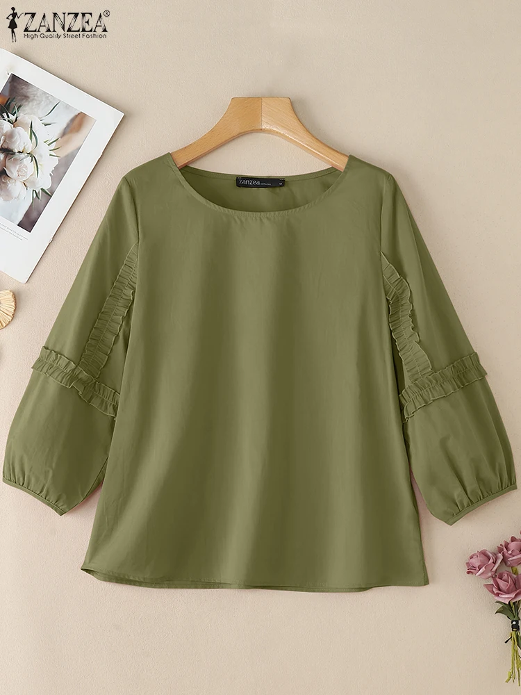

ZANZEA 2025 Summer 3/4 Lantern Sleeve Blouses Elegant Solid Color Ruffle Trim O-Neck Blusas Mujer Casual Womens Day Wear Tops