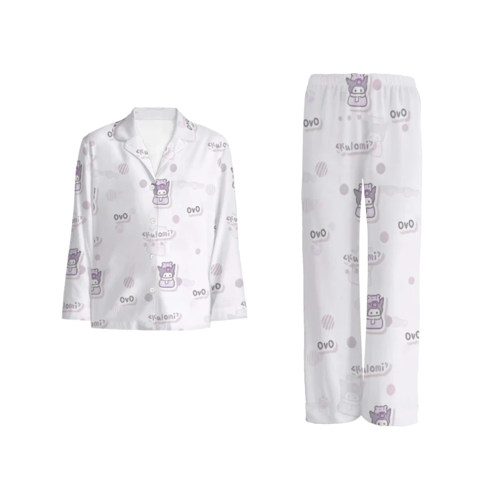 

Sanrio Kurome Printed pajama set, casual and comfortable buttoned long sleeve top women's and men's pajamas and loungewear