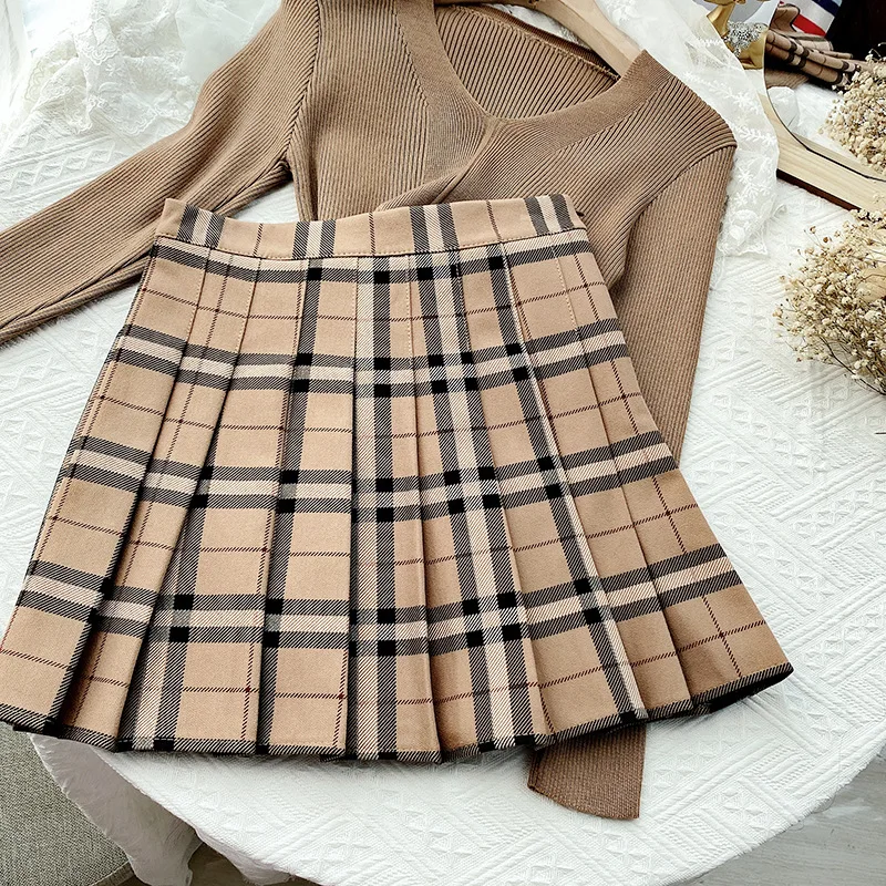 Korean Version of Pleated Skirt Contrast Color Plaid Striped Skirt Autumn High Waist A Line Plaid Mini Skirt Student Style Sweet