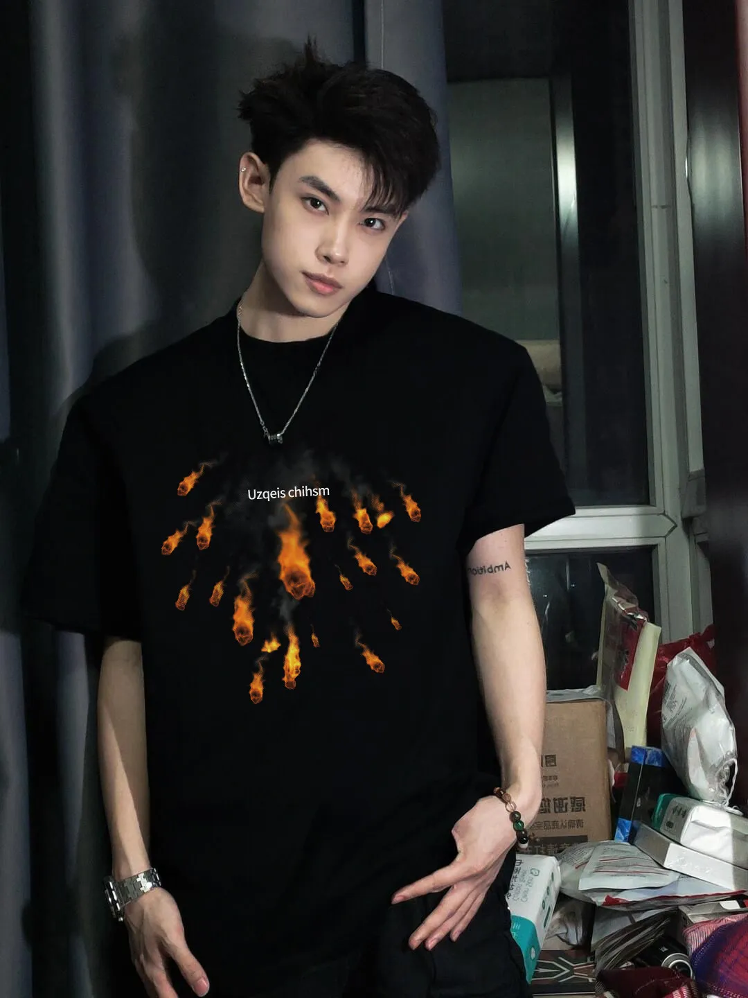 Men's Summer New American Streetwear Fire Meteor Print Casual Loose Rouhnd Neck Black Short Sleeve T-shirt Daily Wear