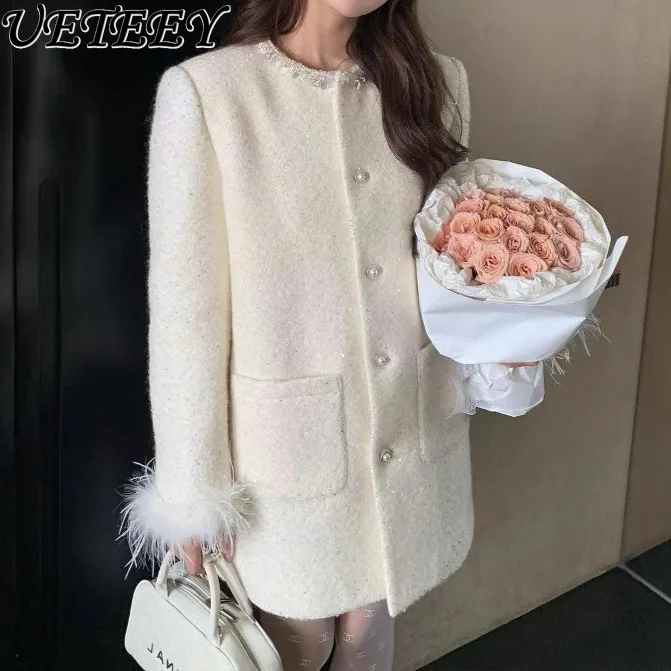 French White Feather Pearl Woolen Coated Women's New Heavy Industry Diamond Round Neck Single-breasted Thickened Jacket