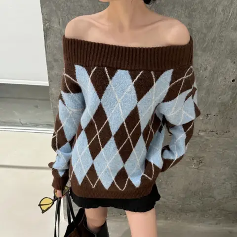 CBAFU Runway Plaid Sexy Off Shoulder Sweaters Women Long Sleeve Knitwear Loose Spring Autumn Knit Pullovers Cashmere Wool A312