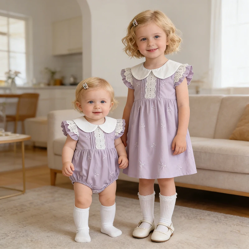 2026 New Summer 0-24M Infant Baby Romper Short Sleeved Cotton Baby Girl Party Sisters Dress 2-6Yrs Kid Princess Embroidery Dress