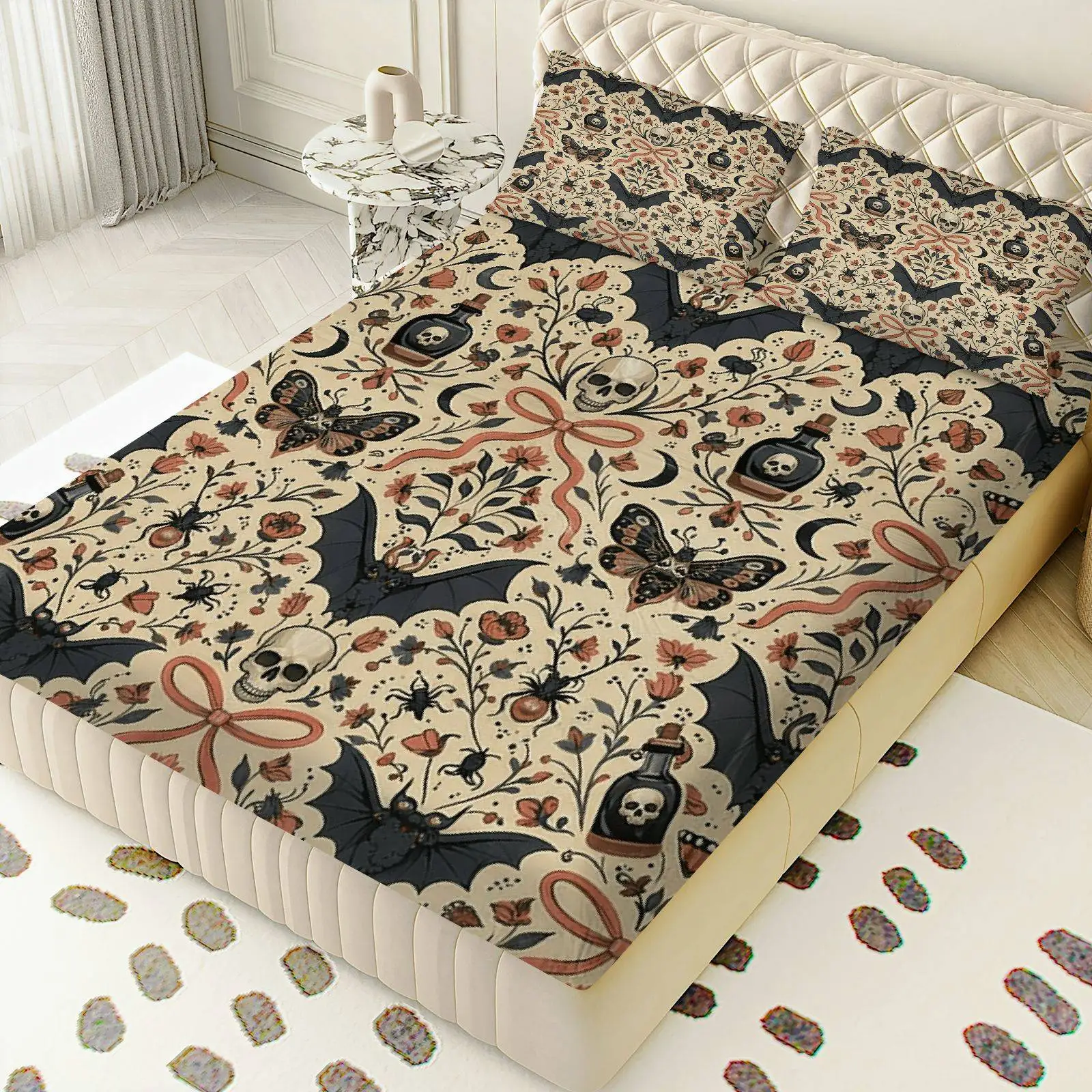 3-Piece Vintage Gothic Style Halloween Bedding Set (Includes 1 Fitted Sheet + 2 Pillowcases, No Inserts), Horror-Themed Floral Bat Moth Skull Bedding, Soft and Breathable Mattress Protector