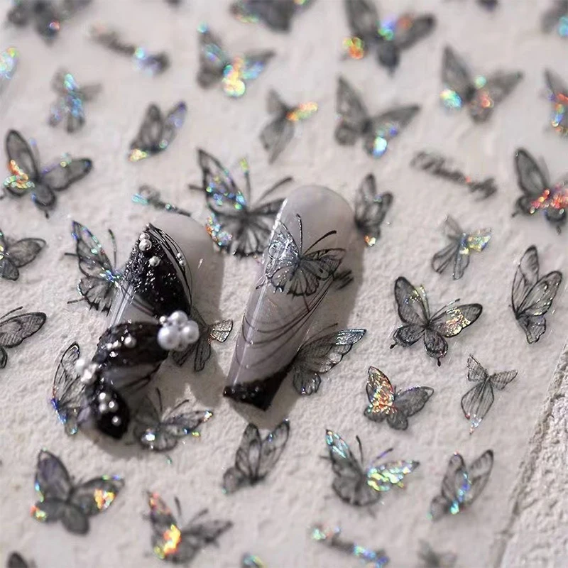 Black Butterfly Manicure Stickers Flow Of Colour Illusion Butterfly Aurora Three-dimensional Embossed Nail Stickers